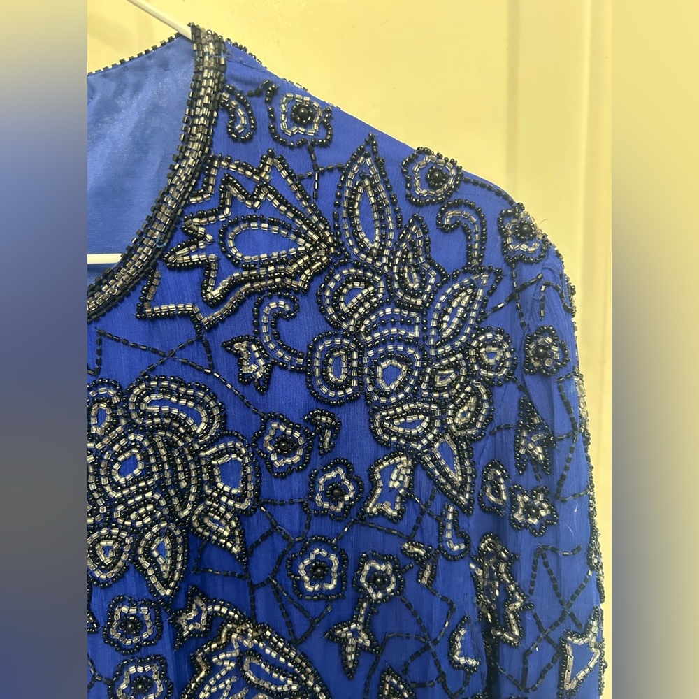 NWT Vintage 1980s Pappell Boutique blue beaded jacket size L. Cabbage Rose theme - Picture 2 of 16
